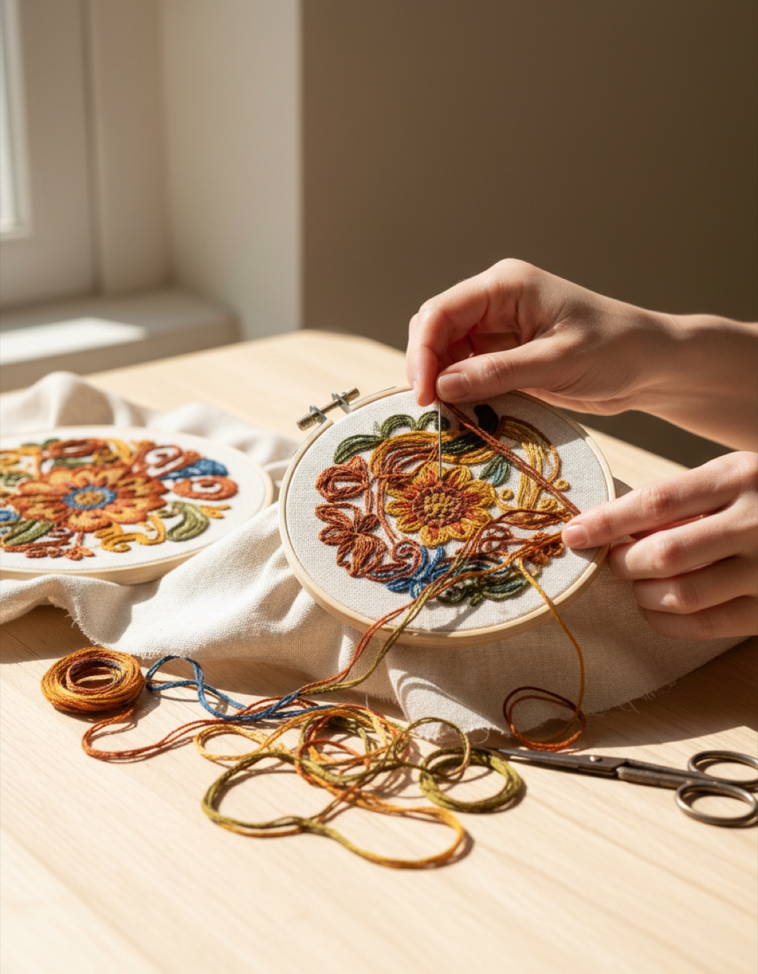 Hands stitching an embroidered textile piece